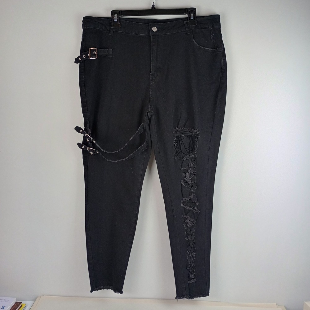 SHEIN Women 3XL Black Buckle Strap Distressed Punk Goth Spider Web Skinny Jeans